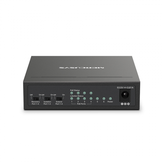 Mercusys MS106LP 6-Port 10/100Mbps Desktop Switch with 4-Port PoE+ 6 Ports: 6× 10/100 Mbps RJ45 ports with 4 PoE+ ports