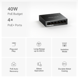Mercusys MS106LP 6-Port 10/100Mbps Desktop Switch with 4-Port PoE+ 6 Ports: 6× 10/100 Mbps RJ45 ports with 4 PoE+ ports