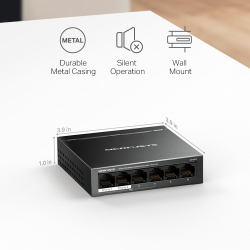 Mercusys MS106LP 6-Port 10/100Mbps Desktop Switch with 4-Port PoE+ 6 Ports: 6× 10/100 Mbps RJ45 ports with 4 PoE+ ports