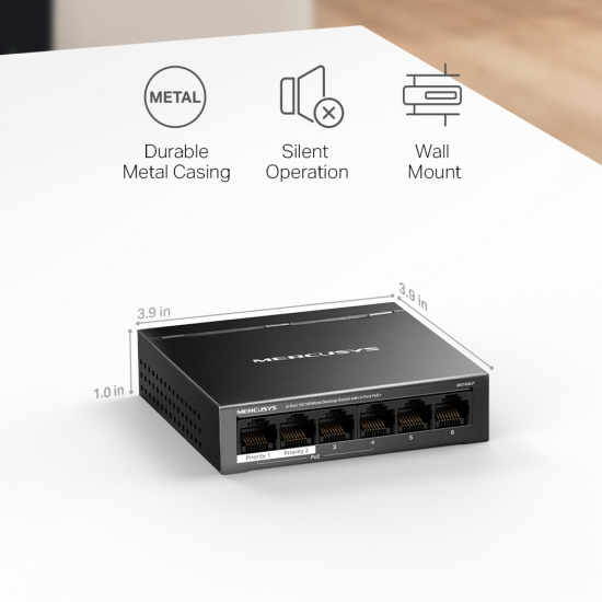 Mercusys MS106LP 6-Port 10/100Mbps Desktop Switch with 4-Port PoE+ 6 Ports: 6× 10/100 Mbps RJ45 ports with 4 PoE+ ports