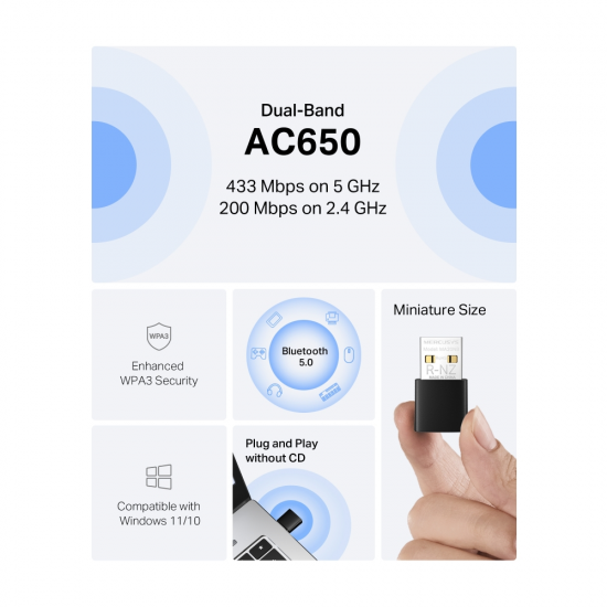 Mercusys MA20NB AC650 Nano Wi-Fi Bluetooth USB Adapter