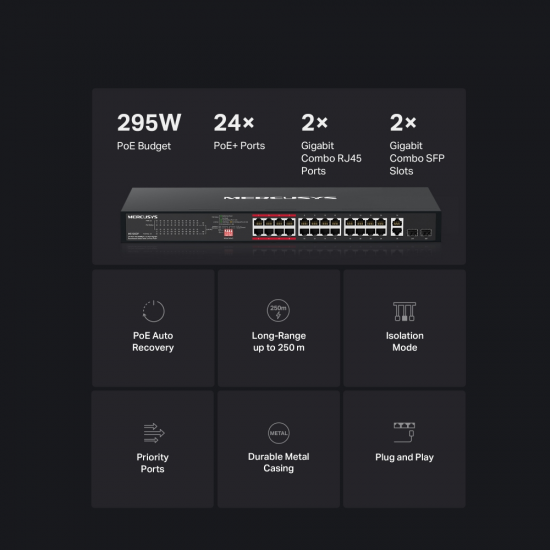 Mercusys MS126CP 24-Port 10/100 Mbps + 2-Port Gigabit Rackmount Switch with 24-Port PoE+