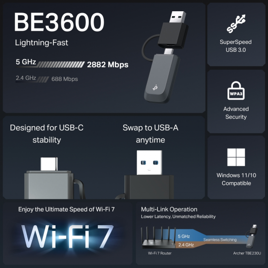  TP-Link Archer TBE230U BE3600 Dual Band Wi-Fi 7 Mini Wireless USB Adapter